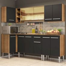 Cozinha Completa de Canto Madesa Emilly Play com Balcão e Armário Vidro Reflex Rustic/Preto