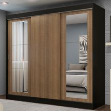 Guarda-Roupa Casal Madesa Kansas 3 Portas de Correr com Espelhos 3 Gavetas Preto/Rustic