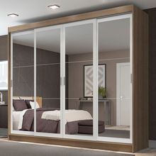 Guarda-Roupa Casal Madesa Austin 4 Portas de Correr de Espelho 3 Gavetas Rustic/Branco
