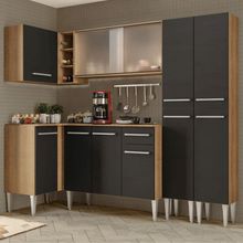 Cozinha Completa de Canto Madesa Emilly Self com Balcão, Armário Vidro Miniboreal e Paneleiro Rustic/Preto