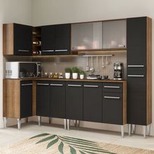Cozinha Completa de Canto Madesa Emilly Space com Armário Vidro Miniboreal, Balcão e Paneleiro Rustic/Preto