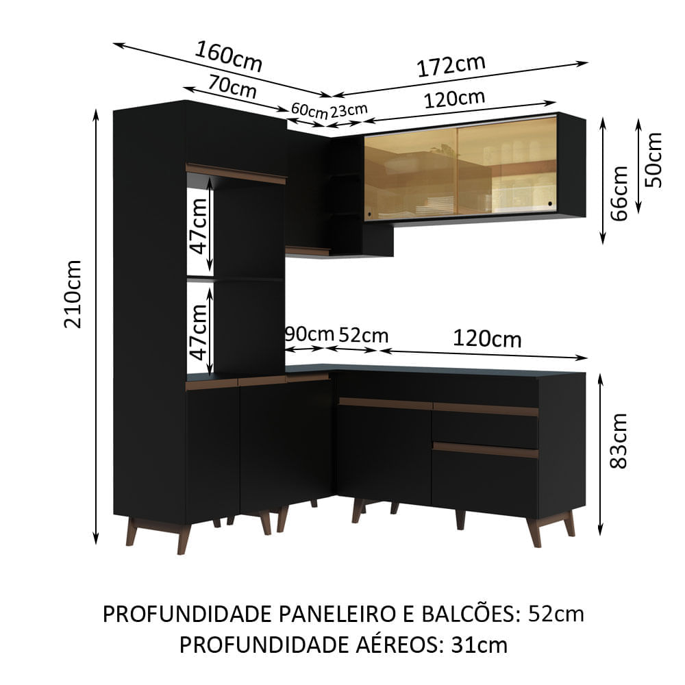 Armário de Cozinha Completa de Canto Reims com Balcão Preto em