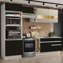 Cozinha Completa Madesa Jade com Armário e Balcão (Sem Tampo e Pia) Branco/Preto/Crema