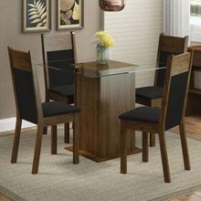 Conjunto Sala de Jantar Madesa Anita Mesa Tampo de Vidro com 4 Cadeiras Rustic/Preto/Sintético Preto