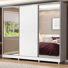 Guarda Roupa Casal 100% MDF Madesa Royale 3 Portas de Correr com Espelho com Pés Branco
