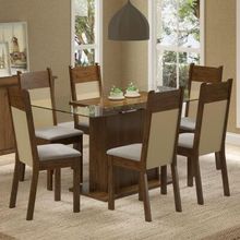 Conjunto Sala de Jantar Madesa Atlanta Mesa Tampo de Vidro com 6 Cadeiras Rustic/Crema/Pérola