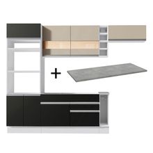 Cozinha Completa Madesa Safira com Armário e Balcão Branco/Preto/Crema + Tampo