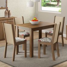 Conjunto Sala de Jantar Madesa Cíntia Mesa Tampo de Madeira com 4 Cadeiras Rustic/Crema/Hibiscos