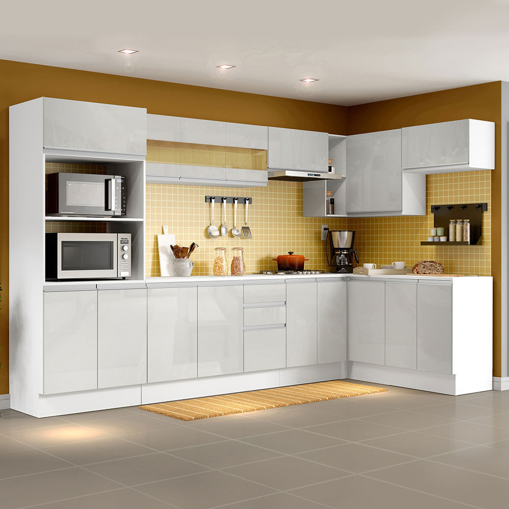 Cozinha Completa 100% MDF Madesa Smart Modulada de Canto - Frentes Branco  Brilho