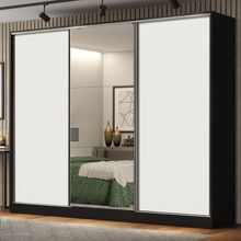 Guarda Roupa Casal 100% MDF Madesa Royale 3 Portas de Correr com Espelho Preto/Branco