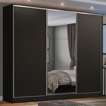 Guarda Roupa Casal 100% MDF Madesa Zurique 3 Portas de Correr com Espelho Preto