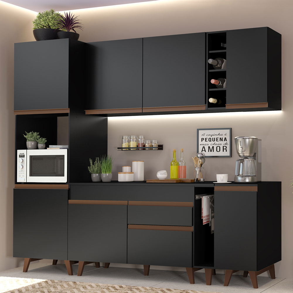Cozinha completa Emilly preto com armário e balcão Madesa