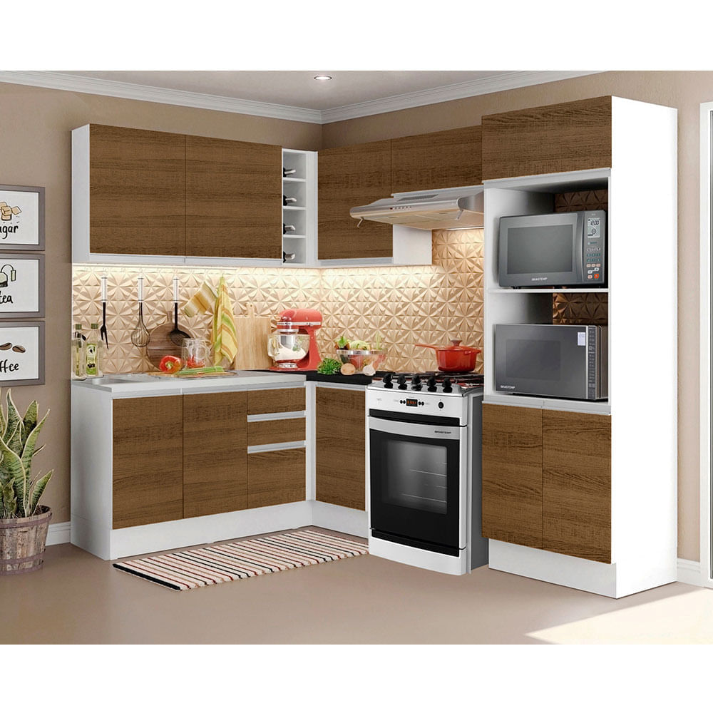 Armário de Cozinha Completa de Canto 100% MDF 448cm Branco/Rustic