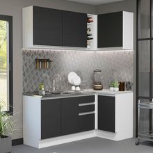 Cozinha Completa de Canto Madesa Glamy 269001 com Armário e Balcão (Sem Tampo e Pia) Branco/Preto