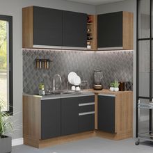Cozinha Completa de Canto Madesa Glamy 269001 com Armário e Balcão (Sem Tampo e Pia) Rustic/Preto