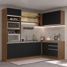 Cozinha Completa de Canto Madesa Glamy 399002 com Armário e Balcão (Sem Tampo e Pia) Rustic/Preto