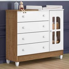 Cômoda Infantil 1 Porta 4 Gavetas com Vidro Compacta Baby Carolina Móveis Ariel 86x97x41cm