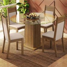 Conjunto Sala de Jantar Madesa Ana Mesa Tampo de Vidro Redondo 4 Cadeiras Rustic/Crema/Bege