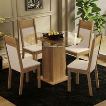 Conjunto Sala de Jantar Madesa Beta Mesa Tampo de Vidro Redondo 4 Cadeiras Rustic/Crema/Bege